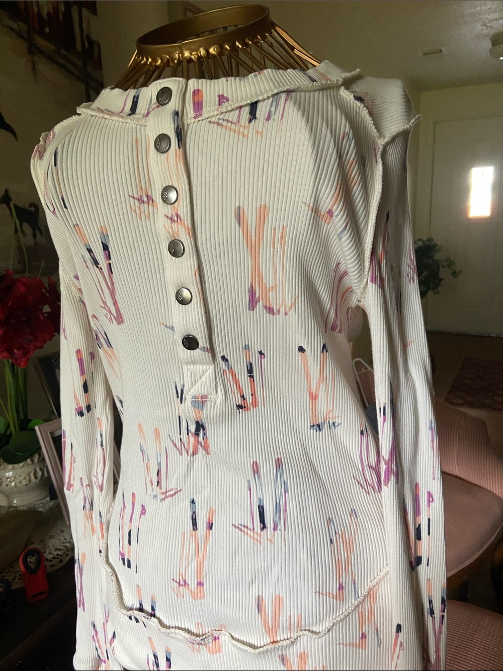 FP Movement by Free People Cream Ribbed Henley with Pastel Abstract Print - Picture 3 of 4